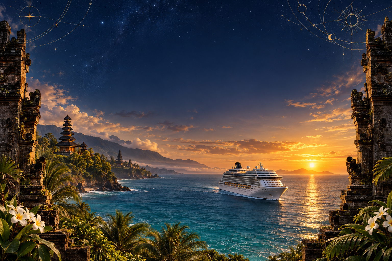 Artistic vision of a cruise through temple-framed tropical seas beneath a celestial sky
